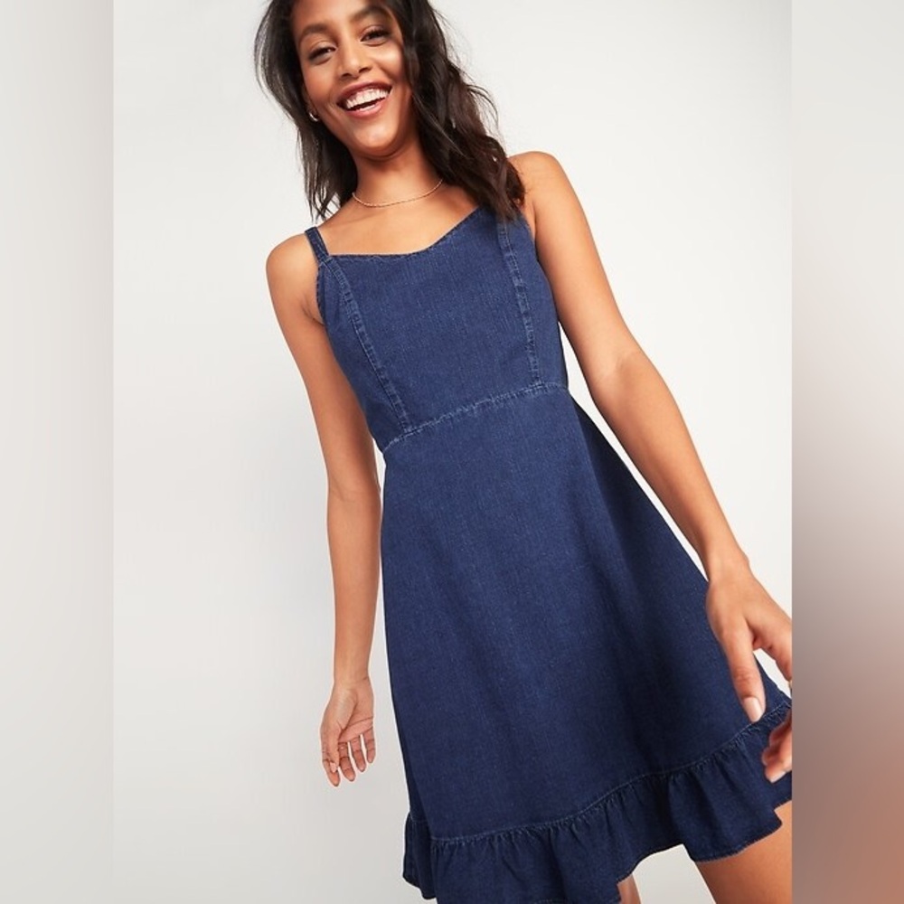Old Navy Fit & Flare Cami Ruffle-Hem Dark Denim Mini Dress, Sweetheart Neck (M)